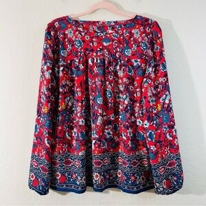 LOFT Red Floral Long-Sleeve Peasant Blouse